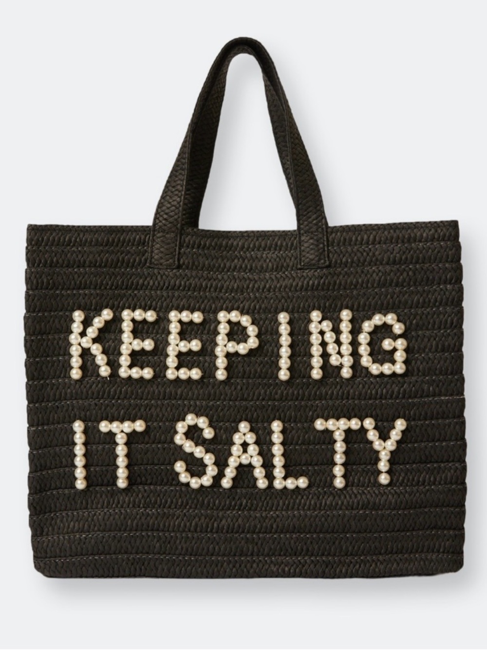 BTB Los Angeles Black Woven Tote Bag Pearl Lettering - KEEPING IT SALTY